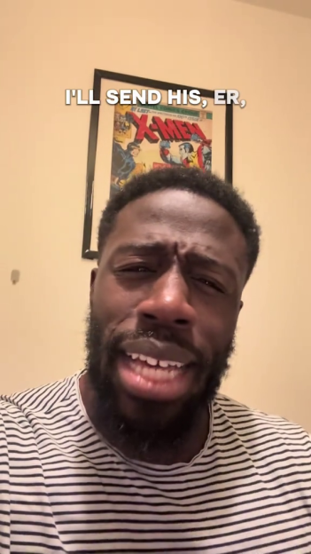 A man with a beard and black and white striped shirt grimaces, with text reading "I'll send his, er," and an X-Men poster in the background.