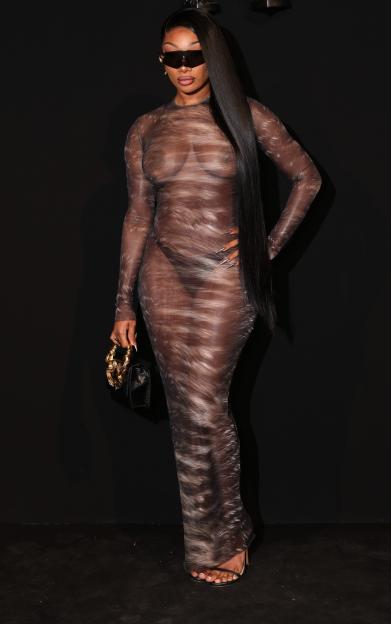 Megan Thee Stallion wearing a sheer patterned dress and dark sunglasses.