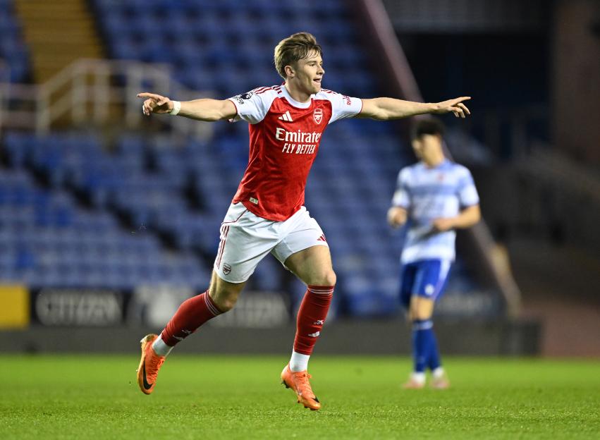 Evan Mooney celebrates scoring a goal for Arsenal.