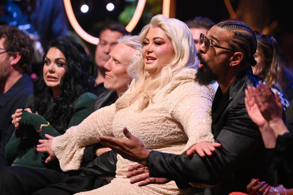 Gemma Collins in a sparkly top and David Haye in a dark shirt seated in an audience at the 'I'm A Celebrity... Get Me Out Of Here! South Africa' live final.