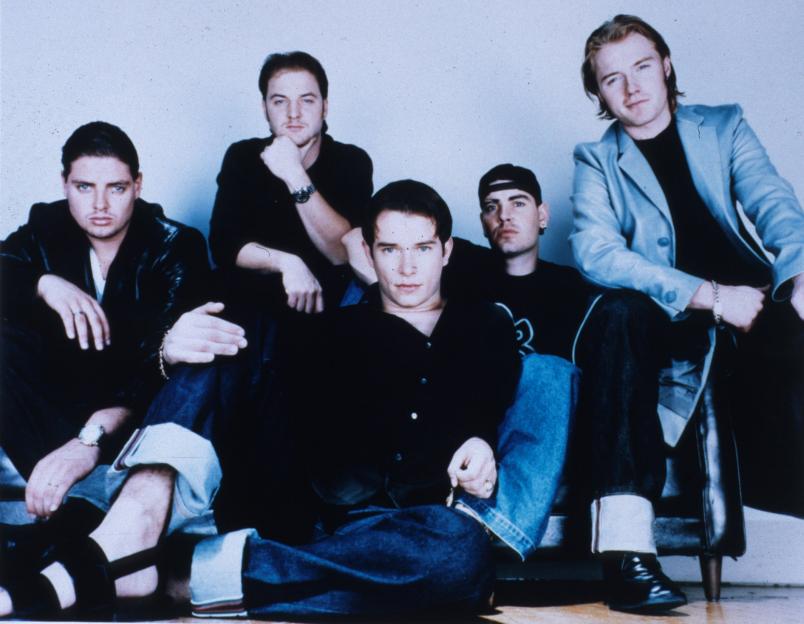 A color photo of the five members of the pop band Boyzone.
