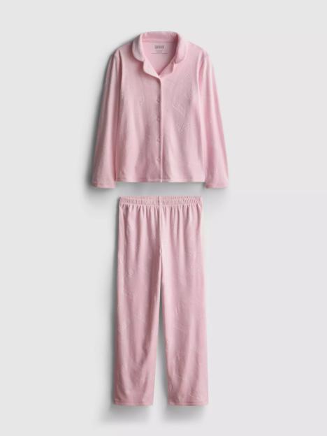 Pink pajama set with a button-up top and long pants, featuring an embossed "WICKED" pattern.