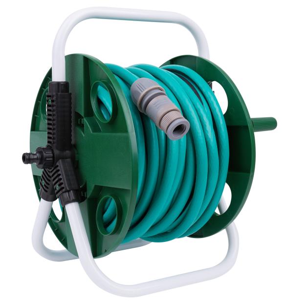 Green garden watering hose on a reel, isolated on a white background.