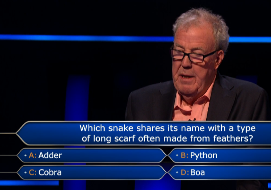 Jeremy Clarkson on "Who Wants to Be a Millionaire?", asking "Which snake shares its name with a type of long scarf often made from feathers?" with options Adder, Python, Cobra, Boa.