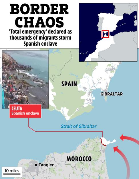 Collage of a map of the Strait of Gibraltar and a video still of migrants.