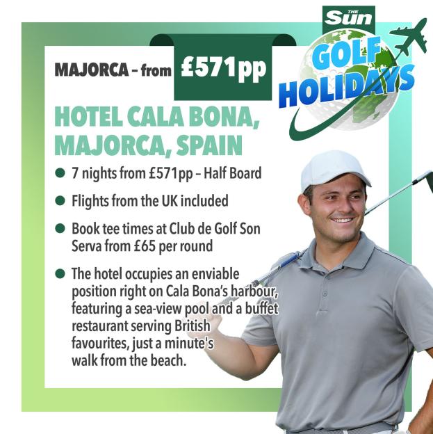 Advertisement for golf holidays in Majorca, Spain, featuring Hotel Cala Bona from £571 per person.