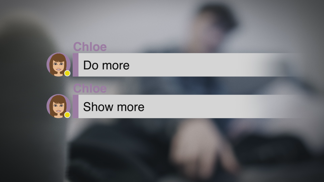 Illustration of a blurry background with two text messages from "Chloe" saying "Do more" and "Show more".