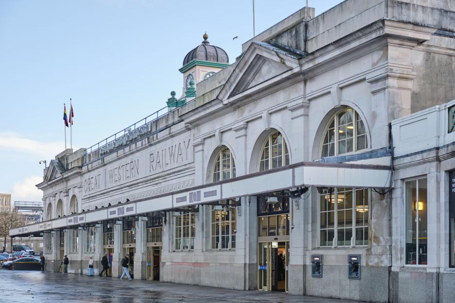 Cardiff, South Glamorgan, Wales, Europe - November 14, 2023: Frontage of Cardiff Central Train Station. Grade II listed building.