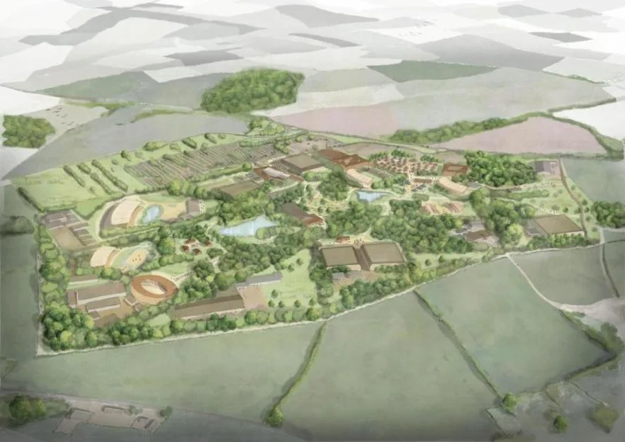 Illustration of the proposed Puy du Fou history-themed park near Bicester, showing an aerial layout of buildings, green spaces, and water features.