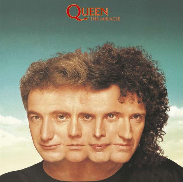 Album cover for Queen's "The Miracle" showing the faces of the four band members merged into one.