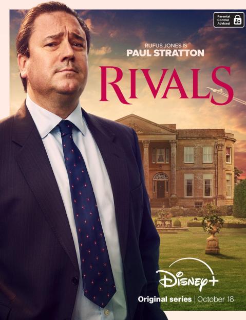 Promotional poster for Rivals, featuring Rufus Jones as Paul Stratton, with a large country estate in the background.