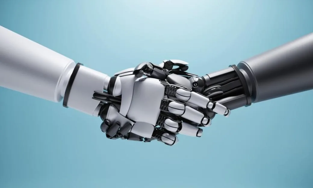 Robots on opposite sides of the war or competitors shaking hands and work together to maintain peace or band together to create brands partner to hit the market with their target audience. Innovative technology concept. 3D illustration rendering