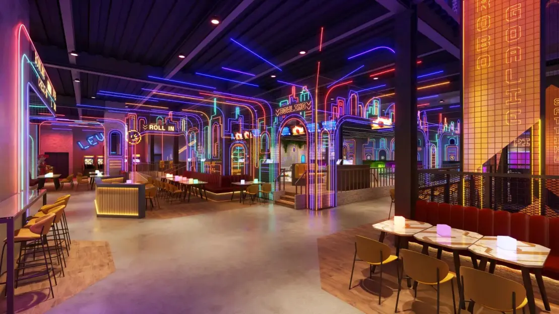 Illustration of a bowling alley with neon lights forming a cityscape design.