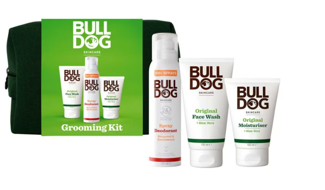 Bulldog Skincare Grooming Kit with face wash, spray deodorant, and moisturizer.