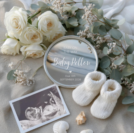 Baby announcement with a mirror reflecting the text "BABY ON THE WAY Baby Pellow Due 13th SEPTEMBER 2026", baby booties, and an ultrasound photo.