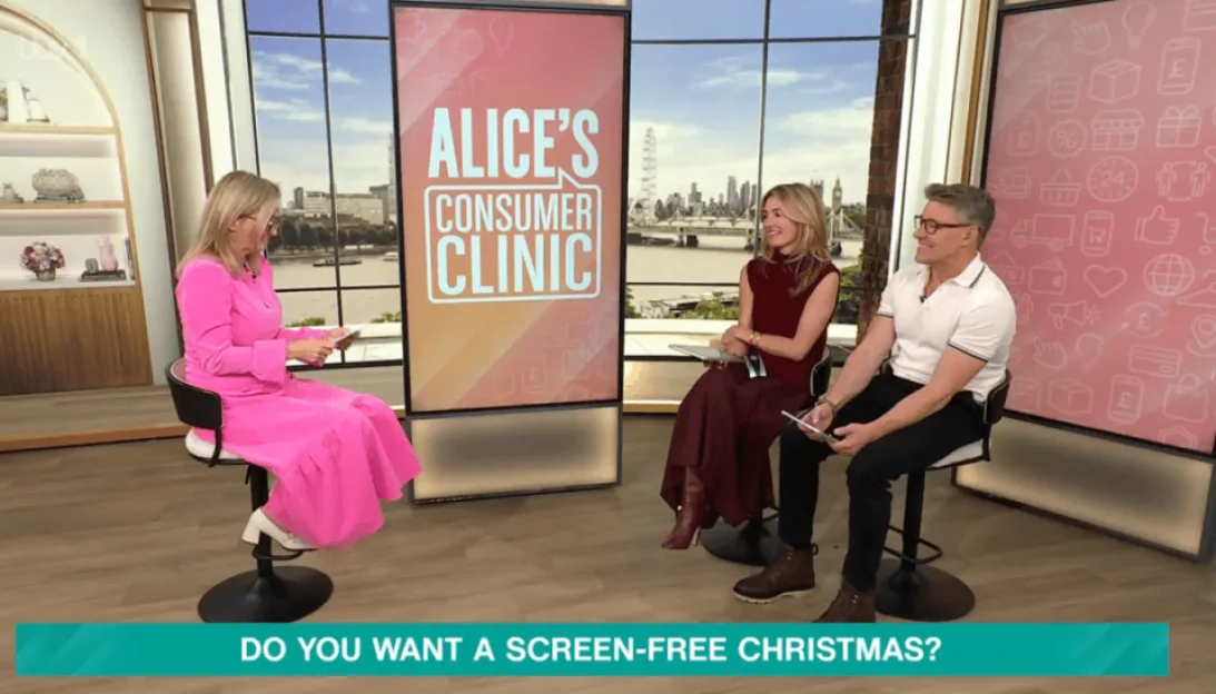 Three people sitting on stools in a television studio discussing whether people want a screen-free Christmas.