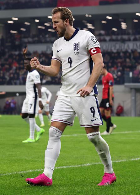 Harry Kane of England celebrates scoring his team's second goal.