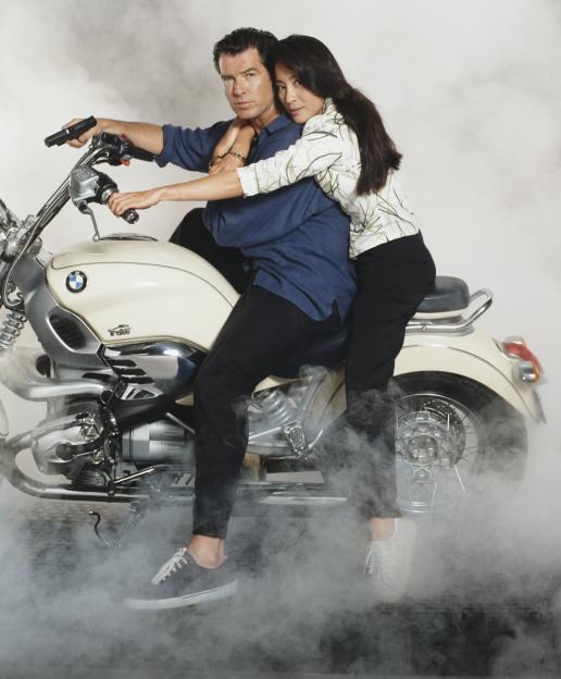 Pierce Brosnan and Michelle Yeoh on a BMW R1200C motorcycle for "Tomorrow Never Dies."