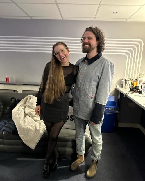 Jessie Cave and Alfie Brown smiling.