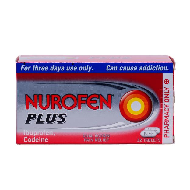 A packet of Nurofen Plus ibuprofen and codeine pain relief tablets on a white background