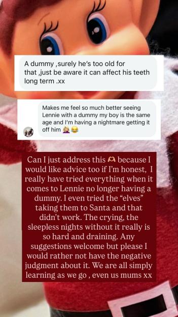 Social media post on a red background about a mother seeking advice to get her child to stop using a pacifier, with two comments visible.