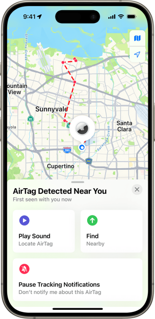 iPhone screen showing AirTag location and options to play sound or find nearby.
