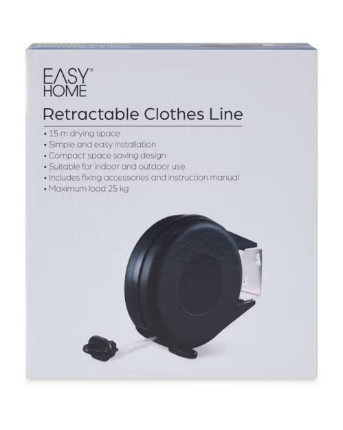 Packaging for an Easy Home Retractable Clothes Line, featuring a black retractable unit and product specifications.
