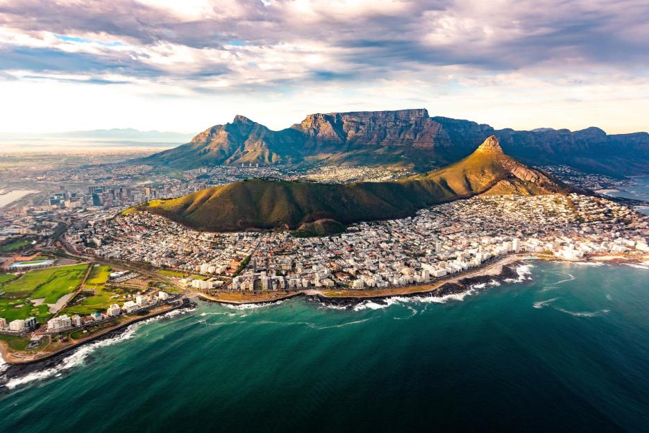 Aerial view of Cape Town and Table Mountain in South Africa.