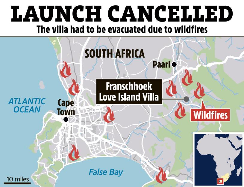 Illustration of a map of South Africa's Western Cape, showing the location of the Franschhoek Love Island Villa and nearby wildfires.
