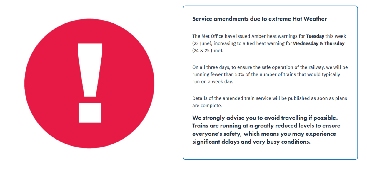 Illustration of a red exclamation mark next to text detailing service amendments due to extreme hot weather, advising against travel due to reduced train services, delays, and busy conditions.