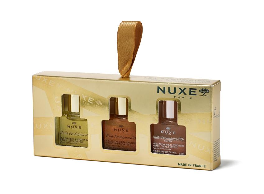 Nuxe Paris "Les 3 Prodigieux" gift set with three 10ml bottles of multi-purpose dry oil.