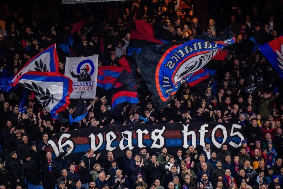 Crystal Palace ultras fans group Holmesdale Fanatics during a Premier League match at Selhurst Park.