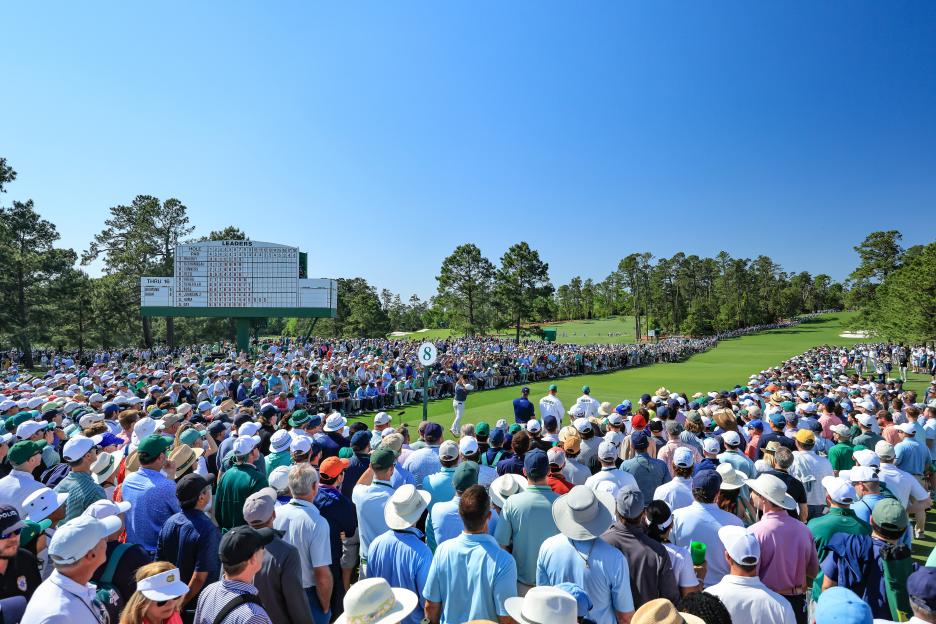 Rory McIlroy plays his tee shot on the 8th hole during the Masters Tournament.