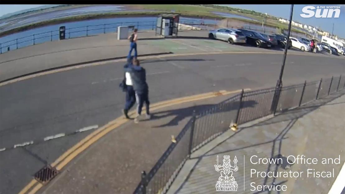 CCTV footage shows three men fighting on a boardwalk next to a body of water, with parked cars and a bus stop in the background.