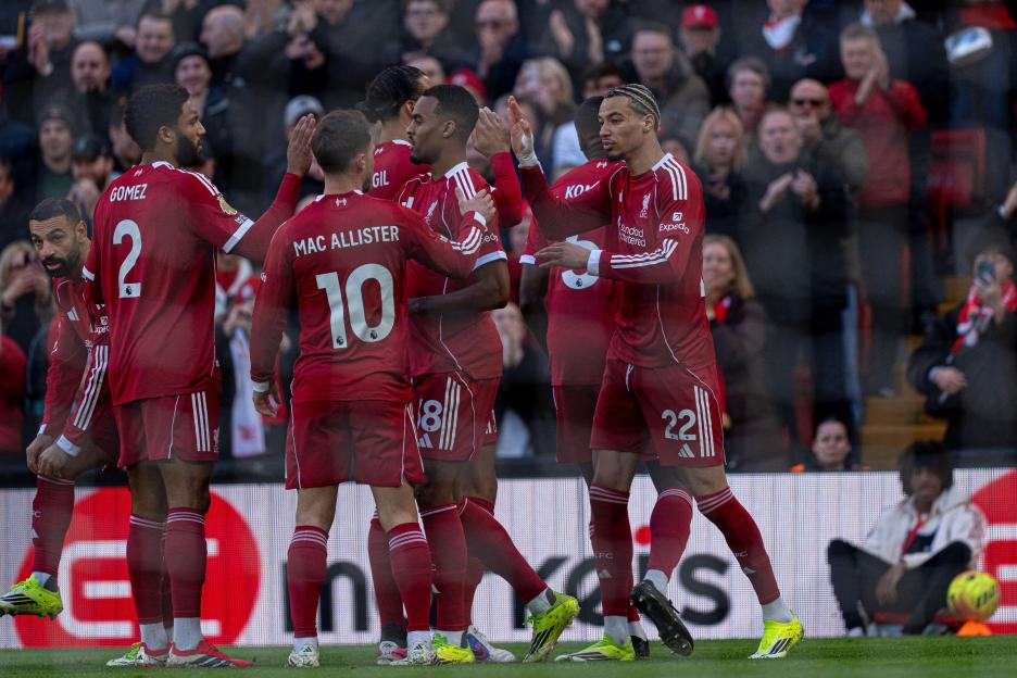 Hugo Ekitike of Liverpool celebrates with teammates after scoring against West Ham United.