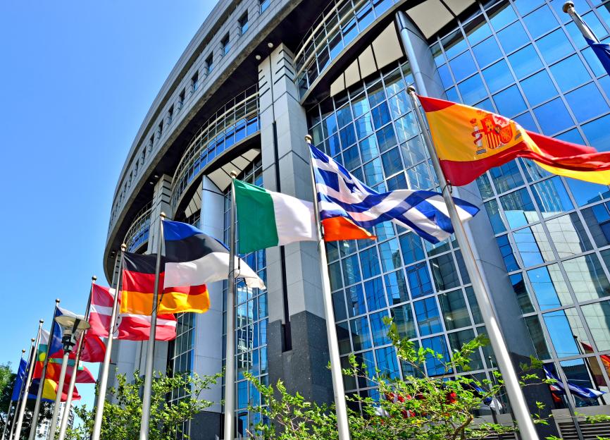 National flags flying outside the European Parliament Building in Brussels, Belgium.
