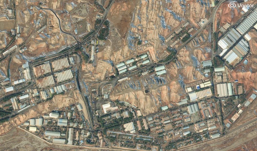 Aerial view of the Parchin Military Complex showing various buildings and roads.