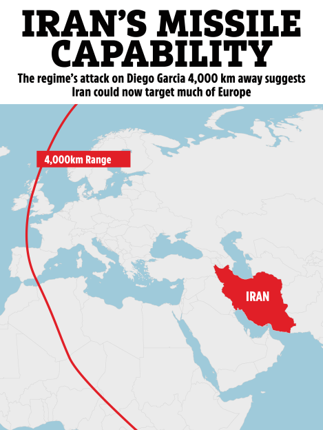 Illustration showing Iran's missile capability with a 4,000km range extending from Iran to much of Europe.