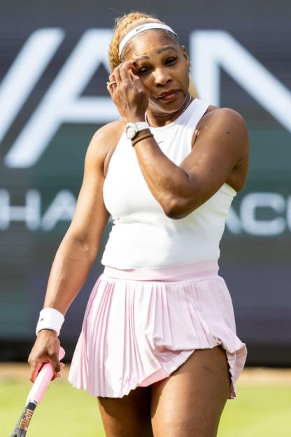 Serena Williams wipes her face during the Vanda Pharmaceuticals Berlin Tennis Open 2026.