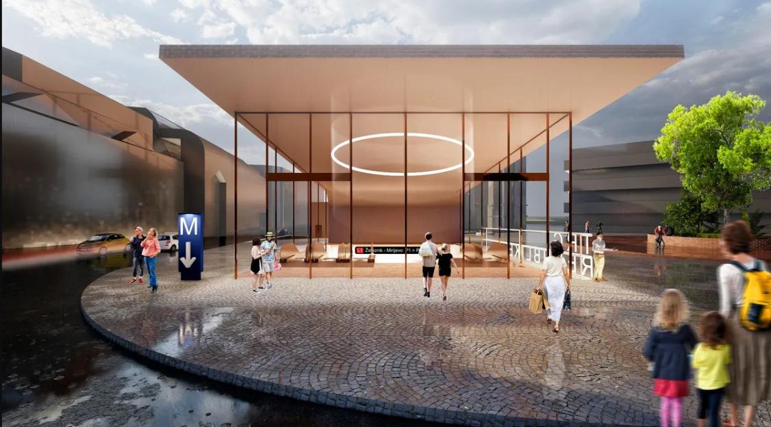 Illustration of a modern subway station entrance in Belgrade, with people walking around.
