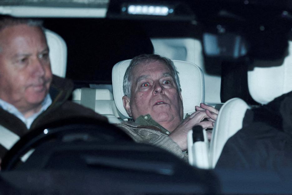 Andrew Mountbatten Windsor in a car after being arrested in Aylsham, Britain.