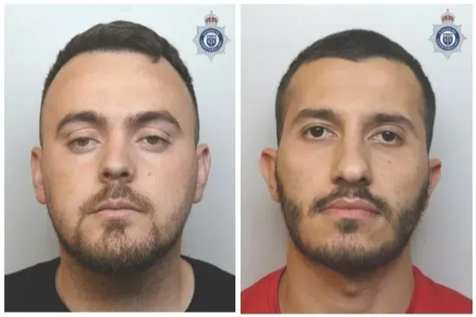 Collage of two mugshots, one of a man with a beard and dark hair, and another of a man with a mustache, goatee, and dark hair.