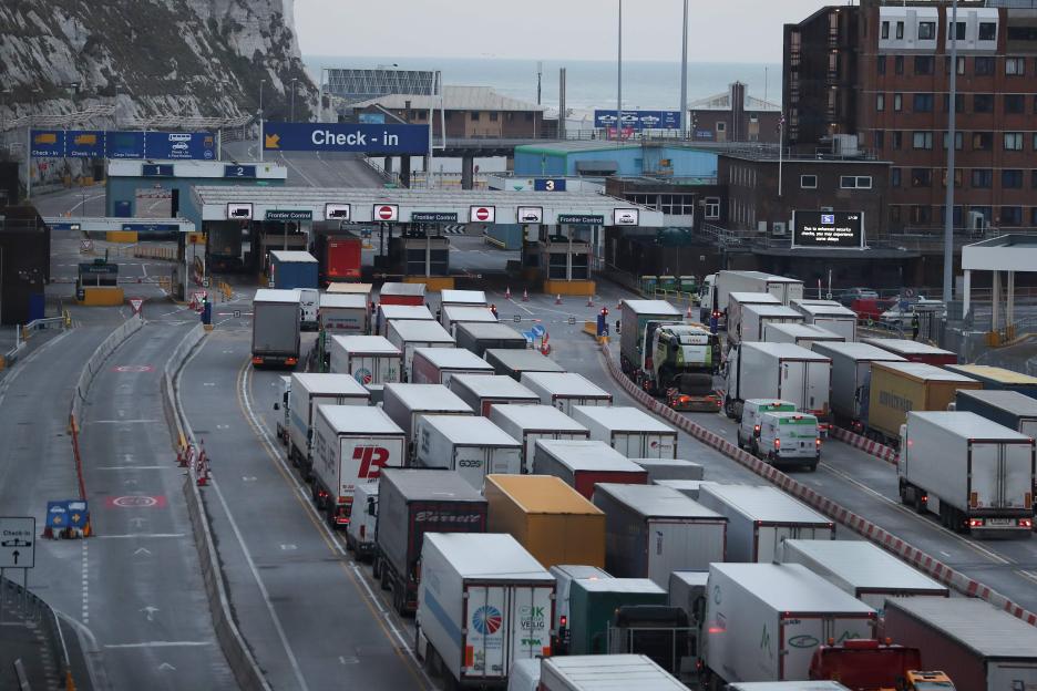 Lorries queue at the port of Dover, England, for checks before boarding.