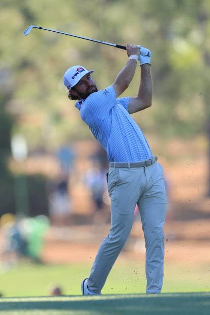 Cameron Young of the United States hitting his second shot on the 17th hole during the Masters Tournament.