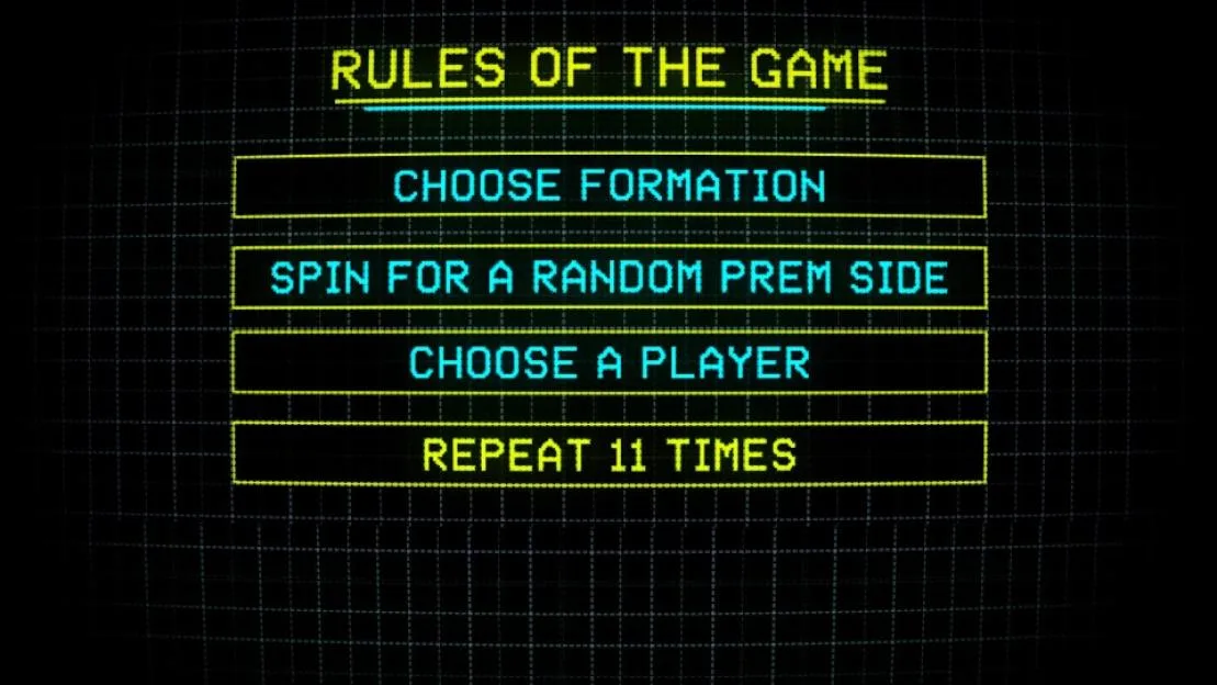 Illustration of the rules of the game: Choose Formation, Spin For A Random Prem Side, Choose A Player, Repeat 11 Times.