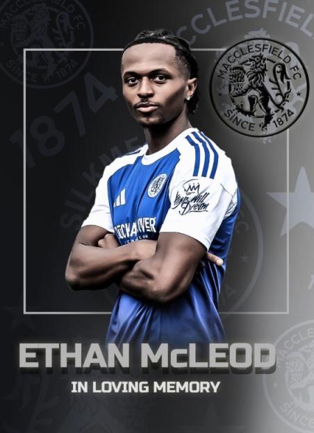 Collage of a headshot of Ethan McLeod in a blue and white jersey with text "ETHAN MCLEOD IN LOVING MEMORY".