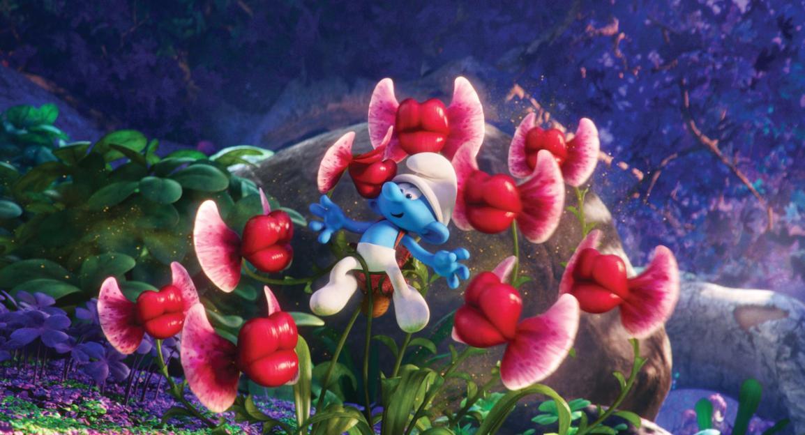 Smurf among flowers shaped like lips.