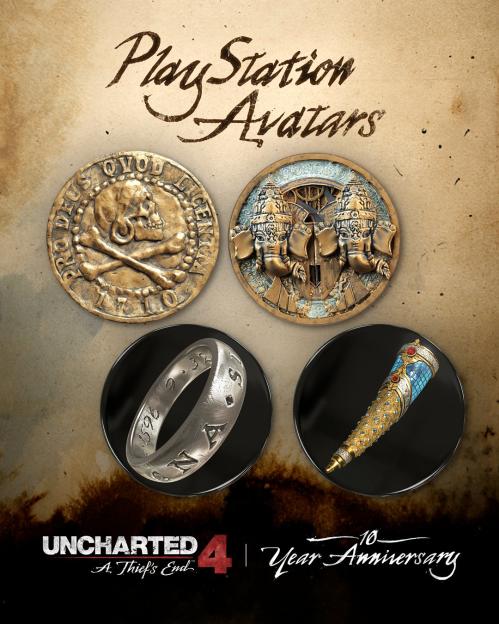 PlayStation Avatars for Uncharted 4: A Thief's End featuring a skull coin, two elephant heads, a silver ring, and a jeweled artifact.