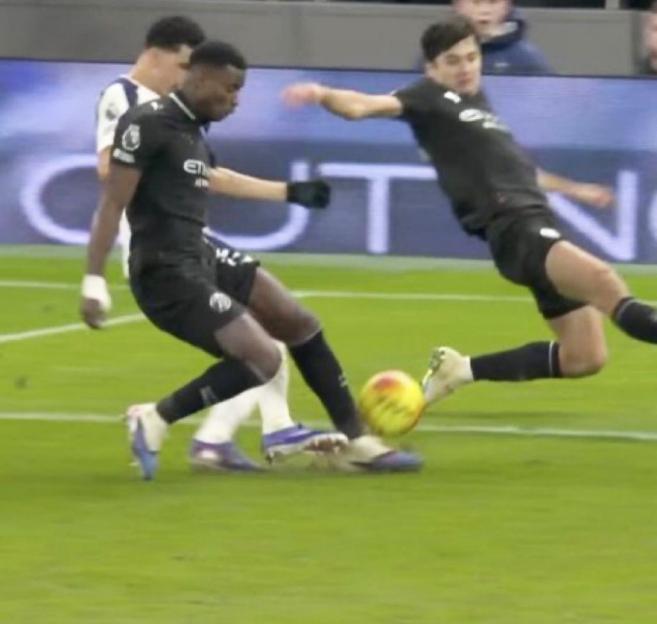 Tottenham Hotspur fans cheering after Dominic Solanke scores against Manchester City, with Manchester City players reacting to the goal.