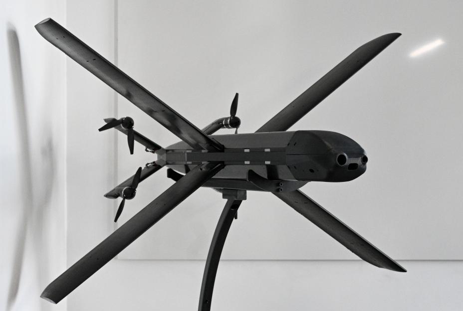 Model of an HX-2 drone from Helsing, a software company specializing in AI for the defense sector.